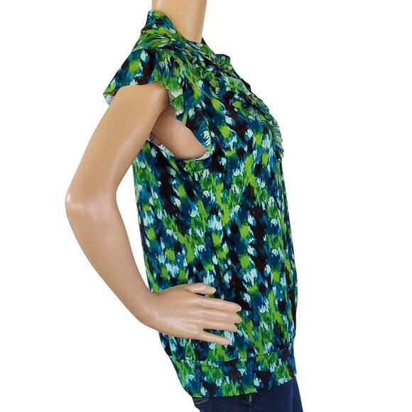 Heart Soul Blouse Top Women's Large Blue Green Ruffle Knit Stretch Cap Sleeves - Picture 11 of 13